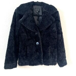 Braetan Sz M Black Faux Fur Teddy Pea Coat w/ Pockets Buttons Cozy Soft Mob Wife